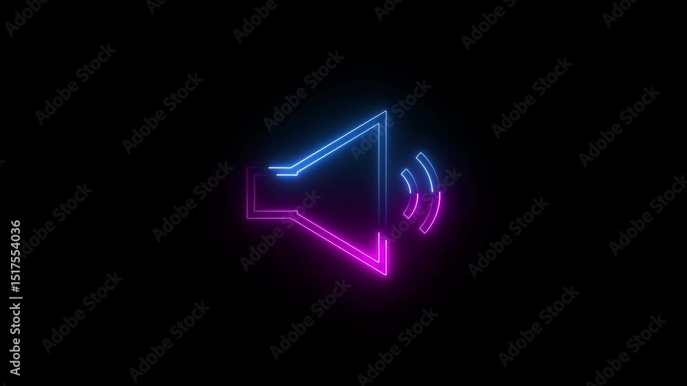 Speaker icon animation glowing neon pink and blue color audio video music volume sign symbol on black background Speaker icon animation glowing neon pink and blue color audio video music volume sign symbol on black background