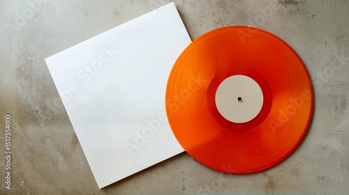 Vibrant orange vinyl record partially out of blank white sleeve on concrete background - music and retro aesthetics