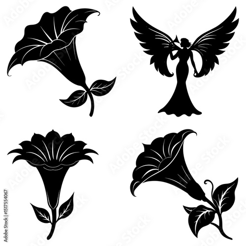 Black silhouettes of angel figure with trumpet and datura flowers on a white background design element