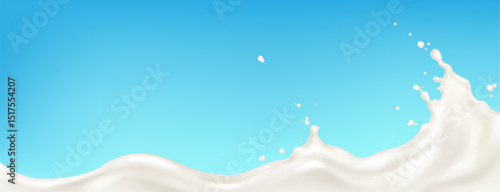 Milk wave splash on blue background - creamy liquid swirl with drops and bubbles. Abstract dairy product banner for fresh drink ad or package design. Smooth flowing shape, healthy natural beverage.