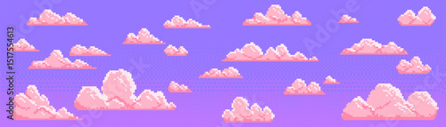 Pixel art clouds set for retro 8 bit video game design - cute pink fluffy sky elements collection on purple bg. Cartoon bubbly pixelated heavenly environment assets. Old school arcade level landscape.