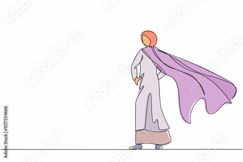 Single one line drawing superhero in cloak flutters in wind. Stands with her back. Successful Arabic businesswoman hero. Business success, leadership and victory. Continuous line design graphic vector