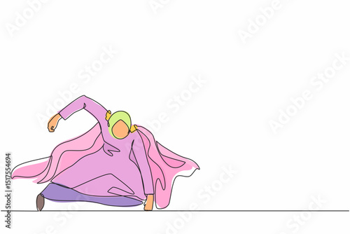 Single continuous line drawing Arabian businesswoman with superhero mantle in landing powerful action. Office worker ready to fight for career achievement. One line graphic design vector illustration