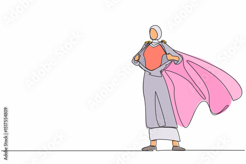 Continuous one line drawing Arabian businesswoman revealing her true identity of powerful superhero. Superhero tearing shirt and wearing costume. Single line draw design vector graphic illustration
