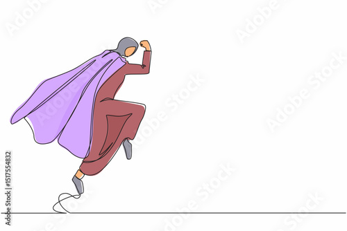 Single continuous line drawing superhero Arab businesswoman parry blow. Female in superwoman costume and mantle standing after fight. Victory, winner concept. One line draw design vector illustration
