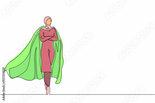 Single one line drawing determined Arab businesswoman or office worker super hero in cloak. The concept of leadership and strength in business. Continuous line draw design graphic vector illustration
