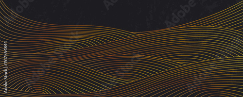 Golden waves pattern on black background - abstract linear curves and flowing stripes composition. Luxury ornamental lines swirling and twisting. Asian Japanese or Chinese style ornate decoration