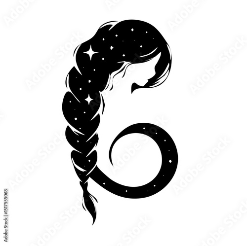 Zodiac Virgo Woman Silhouette with Braided Hair and Stars