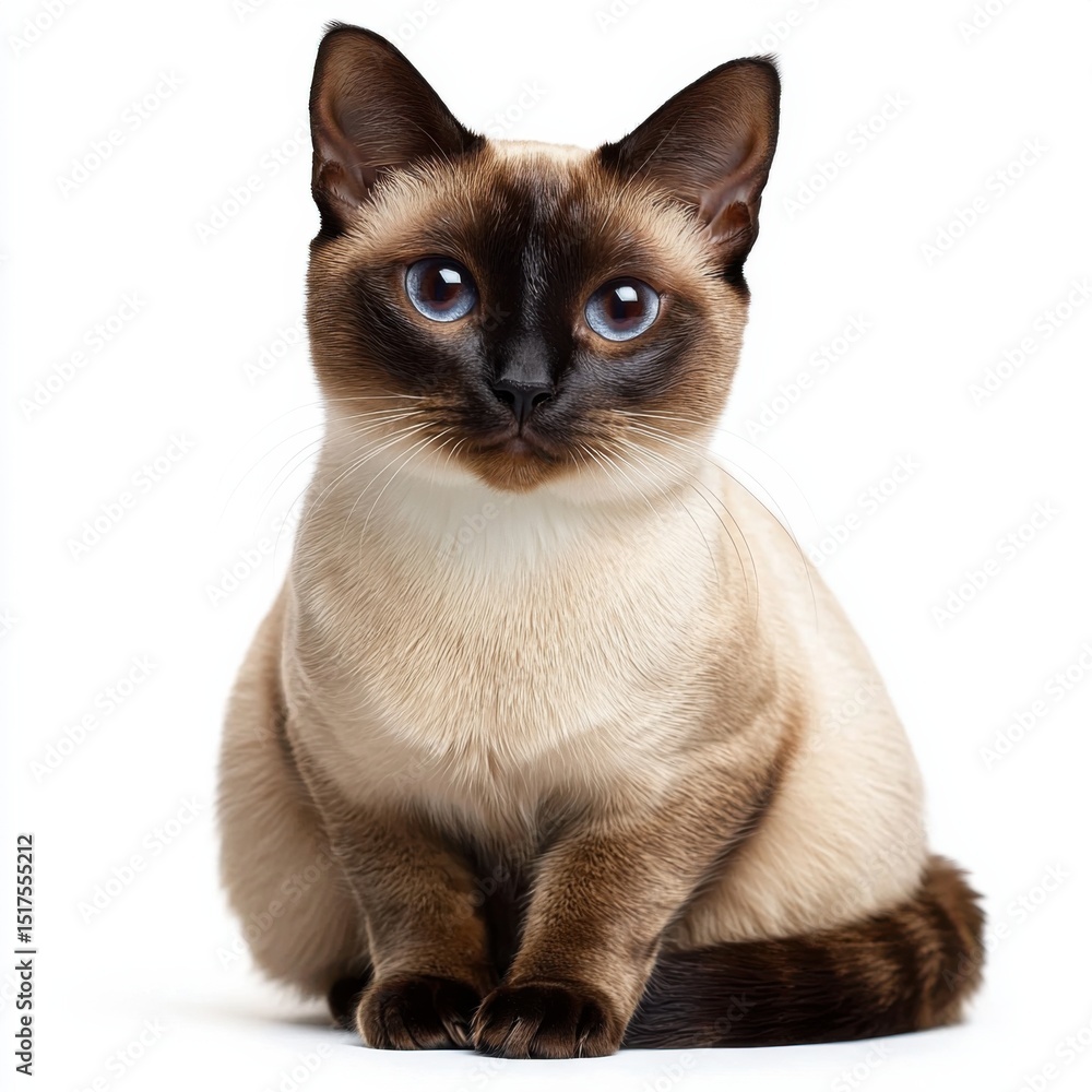Adorable Siamese cat with striking blue eyes sitting on a white background, showcasing its sleek short fur, distinctive color points, alert expression, and relaxed posture Adorable Siamese cat with striking blue eyes sitting on a white background, showcasing its sleek short fur, distinctive color points, alert expression, and relaxed posture