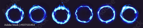 Blue fire rings set - round burning gas circle frames, flaming neon loop borders. Blazing electric plasma halo with cold energy field. Magic portal with light effect. Fiery glowing ring shapes on dark