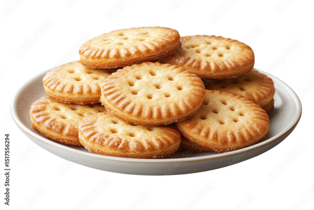 Delicious Crackers Stacked on White Plate Crispy Biscuits Appetizing on transparent background Delicious Crackers Stacked on White Plate Crispy Biscuits Appetizing on transparent background