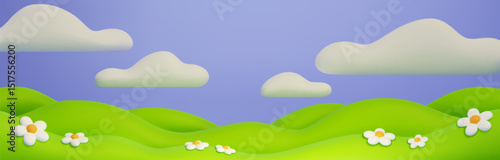 3d hill background with rolling green meadows under blue sky. Cartoon landscape with white daisy flowers scattered across grassy slopes. Nature scene with fluffy clouds for children or game design.