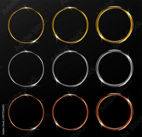 Frame ring metal collection with sparkling light effects - golden, silver and copper circular borders on transparent bg. Shiny metallic round frames for luxury badges, awards or premium product design