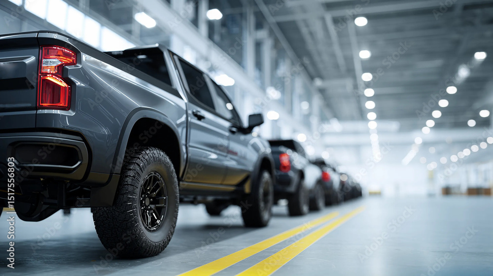 Fototapeta premium Rear view of a new gray pickup truck in a brightly lit car factory - precision manufacturing