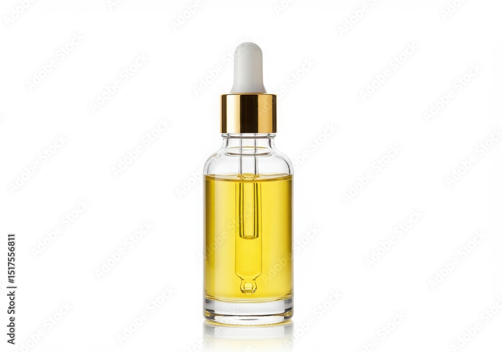 Glass bottle with golden cap and dropper filled with yellow liquid Glass bottle with golden cap and dropper filled with yellow liquid