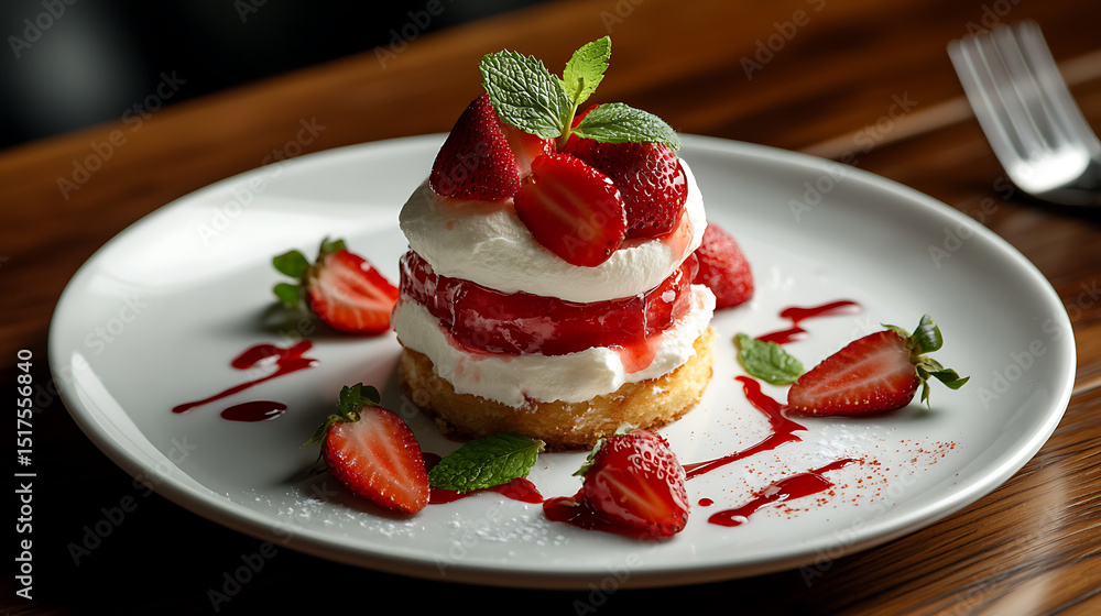 Strawberry Shortcake with Whipped Cream and Mint Garnish Strawberry Shortcake with Whipped Cream and Mint Garnish