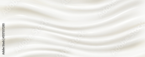 Milk or silk cream texture with smooth flowing waves - white liquid surface with elegant folds and soft ripples. Luxurious dairy product background for cosmetic or food design presentations.