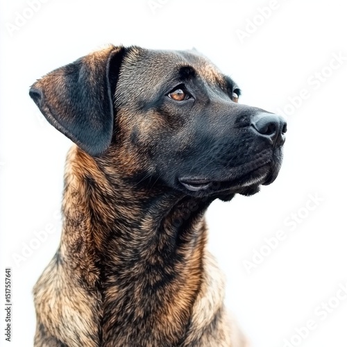 Close-up portrait of a attentive, loyal medium-sized mixed breed dog with short brown and black fur, alert expression, and listening ears against a plain white background