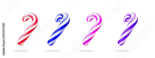 Colorful striped candy cane 3d vector illustration set icon. Sweet Christmas and New Year holiday tradition, sugary dessert.