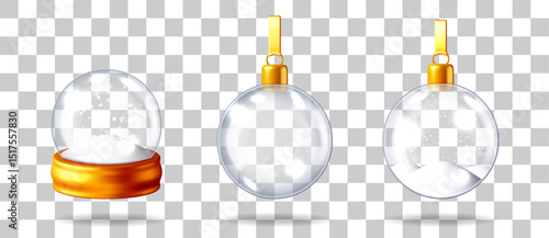 Empty transparent glass snow globe on golden stand and two clear christmas balls with snow inside, 3d vector illustration.