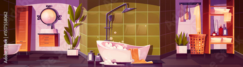 Cartoon bathroom interior scene - white bathtub with foam bubbles and modern shower fixture on tiled wall, ornate mirror and hanging towel, vanity cabinet and toilet, potted plants and woven basket.
