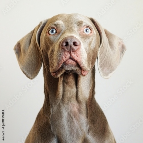 Close-up of a brown Dachshund dog with blue eyes looking directly at the camera against a plain white background