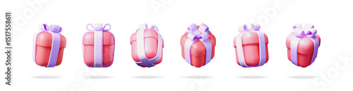 Pink and purple gift boxes in various poses. Set of birthday presents in 3d vector style for celebration design or holiday.