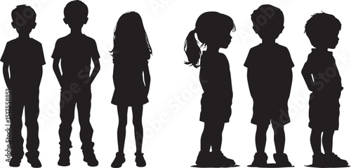 Children Silhouette Vector. Kids Standing Shadow Illustration