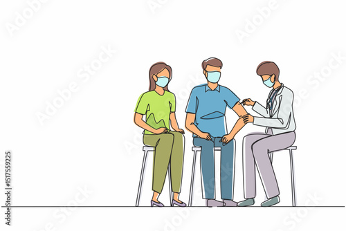 Single continuous line drawing doctor gives patient antiviral injection. Male doctor inject coronavirus vaccine in man arm muscle. Vaccination against coronavirus. One line design vector illustration