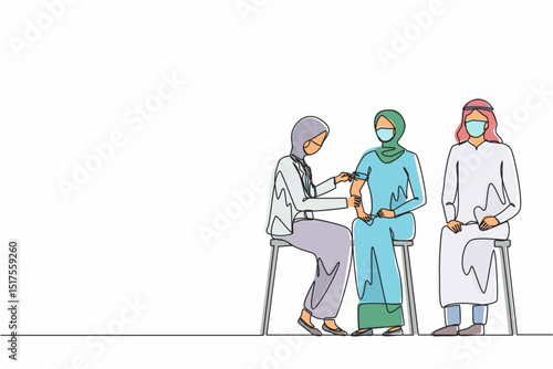Continuous one line drawing female doctor wearing mask at clinic giving Arabian woman vaccine against coronavirus. Immunity, immunization, covid-19 vaccine. Single line draw design vector illustration