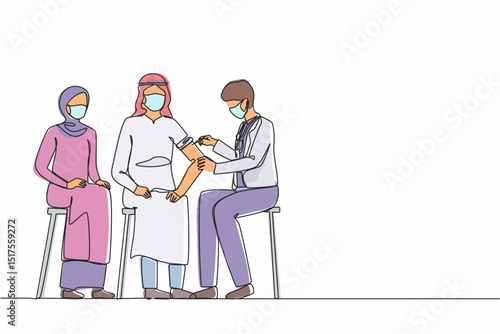 Single one line drawing doctor gives patient antiviral injection. Doctor inject coronavirus vaccine in Arab man arm muscle. Vaccination against coronavirus. Continuous line design vector illustration