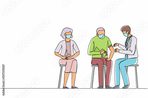 Single continuous line drawing vaccination against corona, covid-19, doctor with face covering and syringe vaccinated old man. Immunity, immunization, vaccine. One line draw design vector illustration