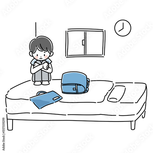 学校に行けなくて辛い思いをしている子供のイラスト