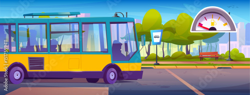 Empty bus waits at stop with gasoline indicator - yellow public transport vehicle with windows parks beside station platform. Urban scene with fuel meter, bench and trees against city skyline.