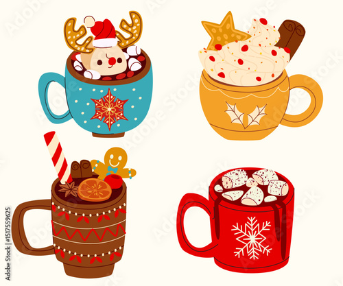 Christmas coffee cup set in festive color mugs - cute reindeer, marshmallow snowflake drink, whipped cream topped with star cookie. Holiday beverages with gingerbread man, candy cane, chocolate treats