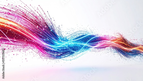 technical simulation. Abstract digital wave with colorful lines and particles, representing energy and motion in a modern design.