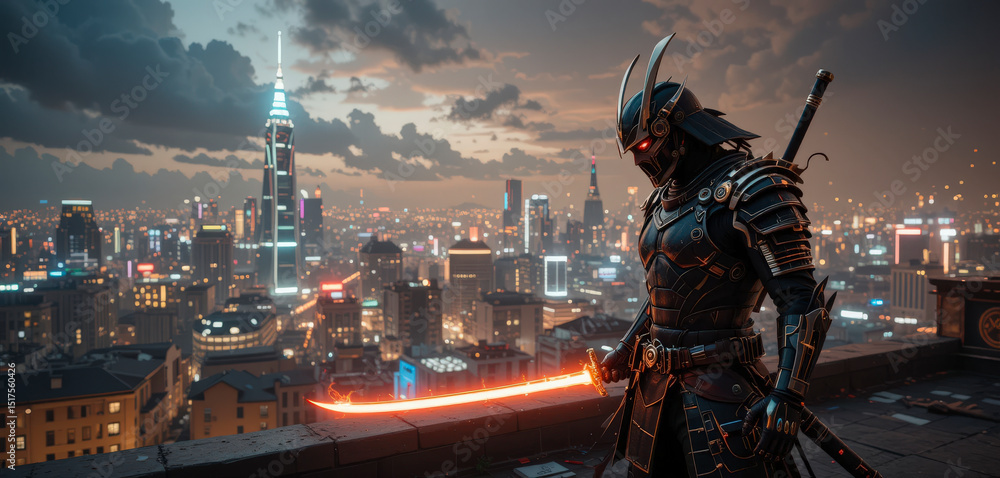 Naklejka premium Futuristic Samurai Warrior with Glowing Katana at Sunset Cityscape
