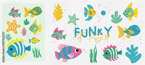Underwater Funky Fish Illustration olorful hand-drawn fish, starfish, and seaweed with whimsical bubbles in a doodle style