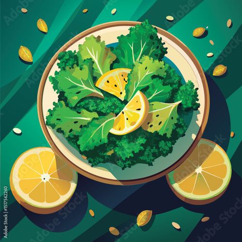 Fresh kale salad with lemon slices.