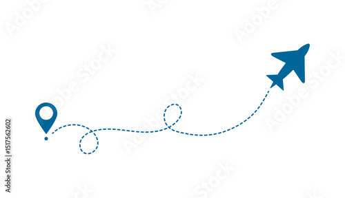 Blue flying airplane, departure point and path in the form of a dotted line. Composition isolated on a white or transparent background. Vector illustration. Close-up element for travel design.