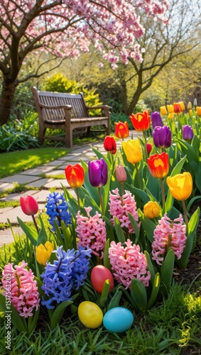 Spring garden tulips hyacinths easter eggs bench