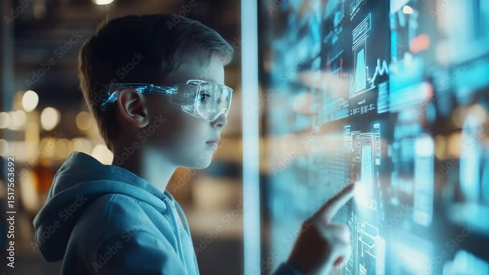 Future Inovator Young Innovator at Work: A young boy wearing advanced digital glasses ...