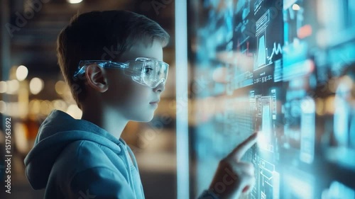 Young Innovator at Work: A young boy wearing advanced digital glasses, engrossed in a high-tech display, embodies the curiosity and potential of future innovators.