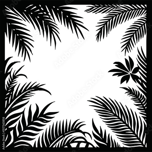 Tropical palm leaf silhouette vector illustration. Black and white tropic foliage vertical border frame. Amazon rainforest plants on a transparent background for beauty and fashion posters, mockups