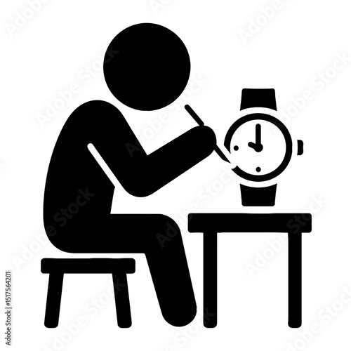 Silhouette icon of watchmaker repairing wristwatch at table symbolizing precision craftsmanship and timepiece maintenance
