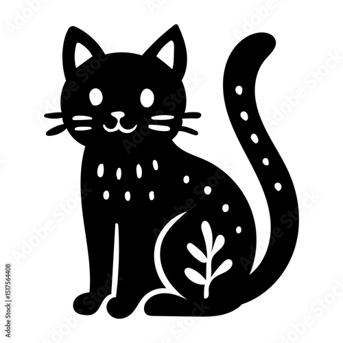 Rustic style figurine with a cat. Ethnic sticker. Bohemian animal silhouettes and floral patterns on Scandinavian style textiles. Handmade relief image of a cat in the style of linocut.