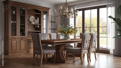 Spacious dining room with wooden table and chairs, 3D illustration