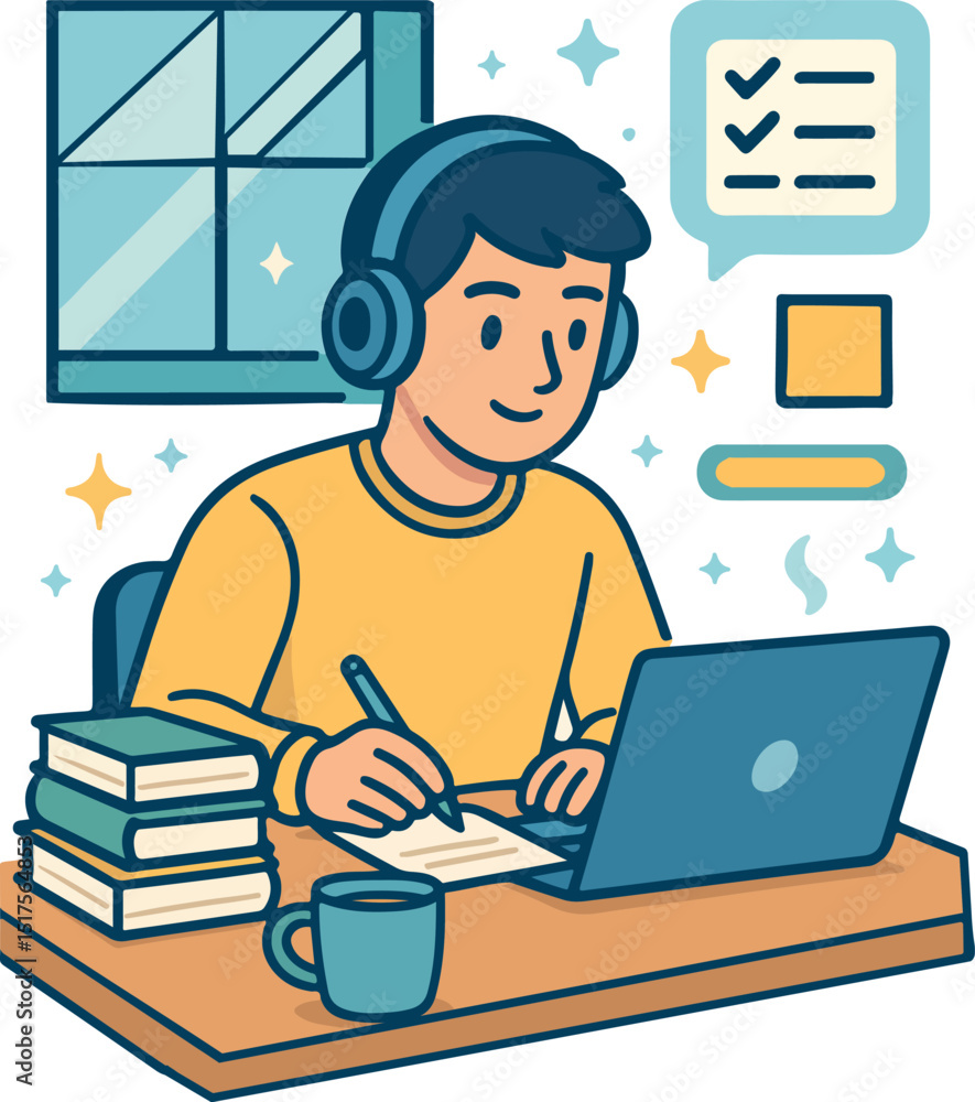 Online Learning Student with Laptop Illustration Online Learning Student with Laptop Illustration
