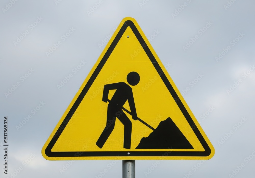 Yellow triangle sign showing man at work on road construction Yellow triangle sign showing man at work on road construction
