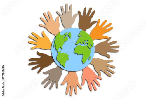 People hands around the earth population day paper cut art illustration. Represent the concept of diversity, ethnicity, and multi culture in society